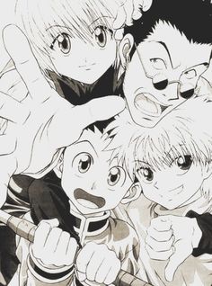 some anime characters are posing together for a photo in this black and white drawing style