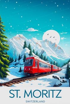 a red train traveling through a snow covered mountain side under a moonlit sky with evergreen trees