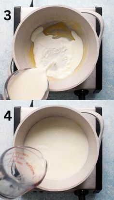 two pictures showing how to make the batter in a blender and mixing it with milk