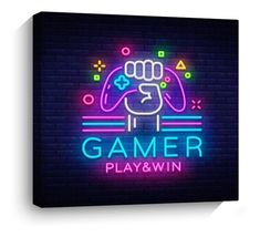 the neon gaming logo on a dark brick wall with an image of a hand holding a controller