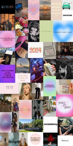 the collage shows many different images and words in pink, blue, green, yellow