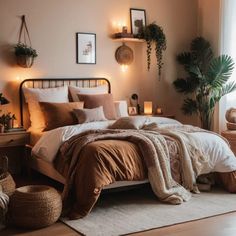 a bedroom with a bed, wicker baskets and potted plants