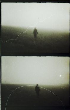 two pictures of a person standing in the middle of a foggy field with lightning