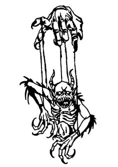 a black and white drawing of a demon hanging upside down