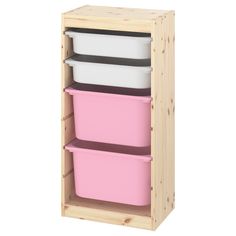 a wooden shelf with three pink bins