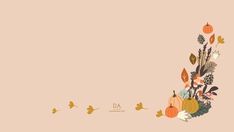 an autumn background with pumpkins, flowers and birds in the center on a light pink background