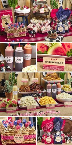 a collage of photos showing different foods and desserts on display at a party