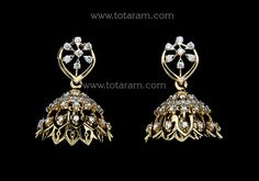 18 karat gold diamond jhumkas - diamond dangle earrings - 235-DJH003 - in 6.400 Grams for USD $1,554.37 USD. 
Made in India by Totaram Jewelers Online this product is in Gold - 18 Karat Gold  & is an excellent gift for Adult - Women. Ships fully insured with secured guaranteed delivery for free with your order over $250 from New Jersey USA & comes with 30 days exchange policy. Gold Diamond Jhumkas For Festivals, Yellow Gold Jhumkas For Reception And Festivals, Diamond Jhumkas, Diamond Dangle Earrings, Gifts For Adults, New Jersey, Gold Diamond, 18k Gold, Dangle Earrings