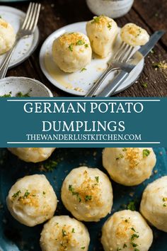 a plate full of german potato dumplings on a wooden table