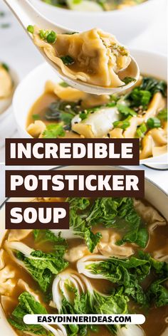 a bowl of soup with broccoli and noodles in it is being lifted by a spoon