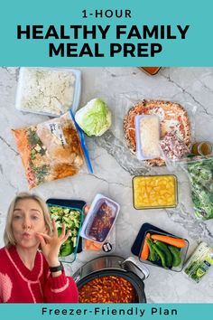 a woman standing in front of a table full of food with the words, 1 hour healthy family meal prep