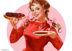 a painting of a woman holding a plate with jam on it and a donut