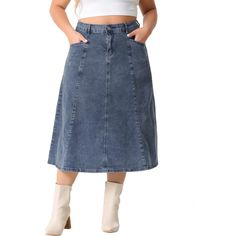 Women's Plus Size Denim Skirts are made of lightweight, breathable, and soft denim fabric. These versatile skirts are perfect for various occasions such as dating, daily wear, traveling, outdoor activities, work, and casual daily use. The denim skirts can be paired with a basic T-shirt, vest, sweater, sweatshirt, jacket, shirt, high heels, sneakers, bags, or hats, creating a fashionable and youthful look. The model is 5'7" with a chest of 42 inches, waist of 32 1/4 inches, hip of 44 7/8 inches, Non-stretch Mid-rise Denim Blue Skirt, Non-stretch Medium Wash Skirt With Pockets, Non-stretch Mid-rise Medium Wash Skirt, Casual Lined Denim Skirt, Non-stretch Light Wash Denim Skirt With Pockets, Casual Denim Skirt With Lining, Relaxed Mid-rise Denim Blue Skirt, Solid Denim Skirt With Pockets, Relaxed Fit Denim Skirt In Medium Wash