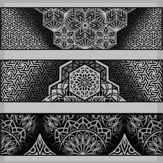 three black and white banners with geometric designs on them, each featuring an intricate design