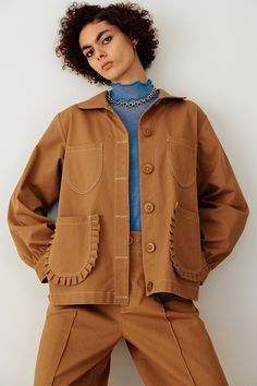 Eliza Faulkner Designs Inc. Jackets Work Jacket Toffee Twill Cropped Flare Pants, Sweater Jumpsuit, Twill Jacket, Chore Jacket, Work Jackets, Green Jacket, Style Mistakes, Winter Wear, Cotton Twill Fabric