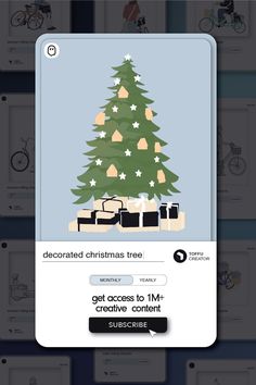 a christmas tree with presents on it and the words, get access to m + creative content