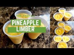 the steps to make pineapple limeade are shown in different stages, including cups and spoons