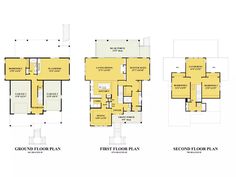 three floor plans for the first and second floors