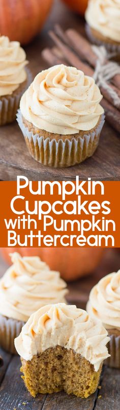 pumpkin cupcakes with cream cheese frosting are on a wooden table and there is an orange in the background