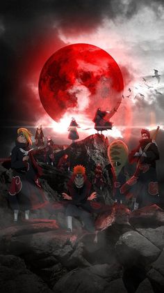 some anime characters are standing in front of a red full moon