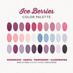 the ice berries color palette is shown in shades of pink, blue and purples