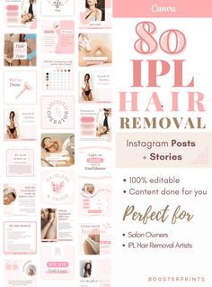 Want to tell the world that you're offering IPL Hair Removal services but not sure where to start? Sure, you can get around simple tools like Canva but making something from scratch is intimidating, and expensive to outsource.  What if you could make your Instagram posts as professional and engaging as if you hired a graphic designer for thousands? Let me help you jump over the hurdle by using my research and design training to get you started.  These IPL Hair Removal Instagram posts will help y Laser Hair Removal Instagram Feed, Ulike Ipl Hair Removal, Laser Hair Removal Content, Ipl Laser Hair Removal, Spa Owner, Laser & Ipl Hair Removal Devices, Ipl Hair Removal, Laser Hair, Laser Hair Removal