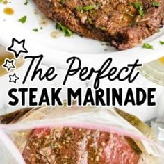 steak marinade on a plate with the title overlay reads, the perfect steak marinade