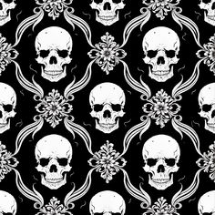 skulls and flowers on a black background with white outlines fabric by glimmerica on spoonflowers