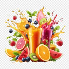 various fruits and juices with splashing on the glass, hd png clipart