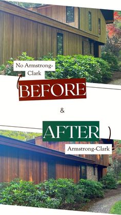 before and after photos of the exterior of a house with wood sidings, trees and bushes