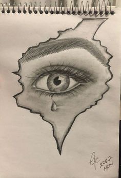 a pencil drawing of an eye with tear coming out of the iris's side