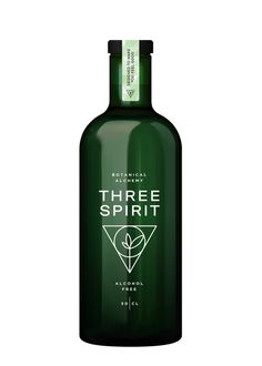 a bottle of green liquid with the words three spirit in white lettering on it and a black cap