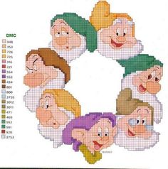 the seven dwarfs from snow white and seven dwarfs are depicted in this cross stitch pattern