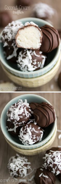 chocolate covered coconut cream truffles on a plate with one cut in half and the other partially eaten