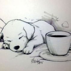 a drawing of a puppy sleeping next to a cup of coffee