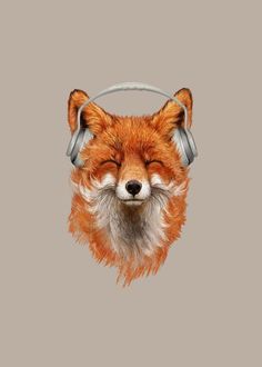 a red fox wearing headphones with its eyes closed