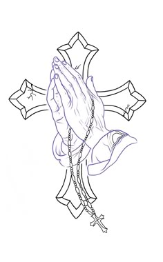 a drawing of a cross with hands holding the rosary