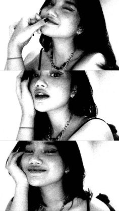 three different images of a woman with necklaces on her neck and hands to her face