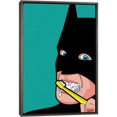 an animated batman character brushing his teeth with a yellow toothbrush in it's mouth