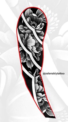 a black and white floral design with red accents