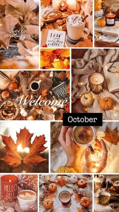 a collage of photos with autumn leaves and candles