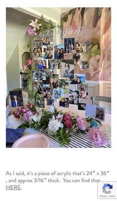 a table topped with pictures and flowers on it