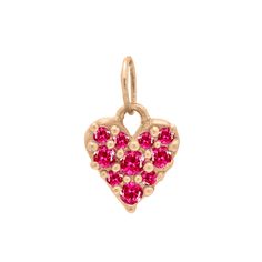 Be still my beating heart. A sweet little heart charm encrusted with pink red rubies. Wear your heart on your sleeve with this beautiful heirloom that symbolizes the love in your life. Stones are top-grade Vietnamese rubies with a deep rich color and are ethically sourced. Charm is 10mm long and pairs perfectly with our 1.2mm fairmined cable chain. Total ruby carat weight is .345 carats. Heart On Your Sleeve, Beating Heart, Ruby Necklace, Heart On, Cable Chain, Heart Charm, Be Still, Pink Red, Rich Color