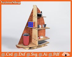 a wooden shelf with cups and glasses on it