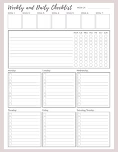 the printable weekly and daily checklist is shown in black on a white background