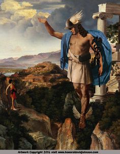 a painting of a man standing on top of a hill with a bird in his hand