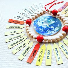 an ornament with the earth in it surrounded by words and magnets that spell out days