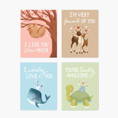 four cards with animals, deers and trees on them in pastel colors that say i'm very proud of you