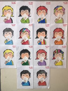 several stickers with different types of people wearing face masks and blowing their nose to protect them from the fluff