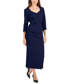 in stock Womens Skirt Suits, Slimmer Belt, Le Suit, Blue Belt, Belted Jacket, Midi Skirt Pencil, Line Jackets, Fitted Skirt, Navy Color